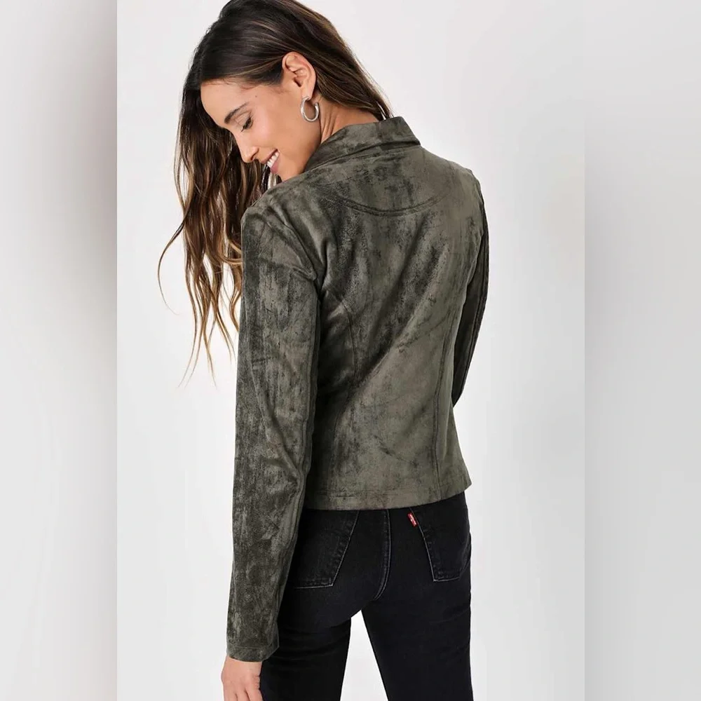 Lulus Wild at Heart Olive Green Vegan Suede Moto Jacket 🫒✨ - Picture 3 of 8